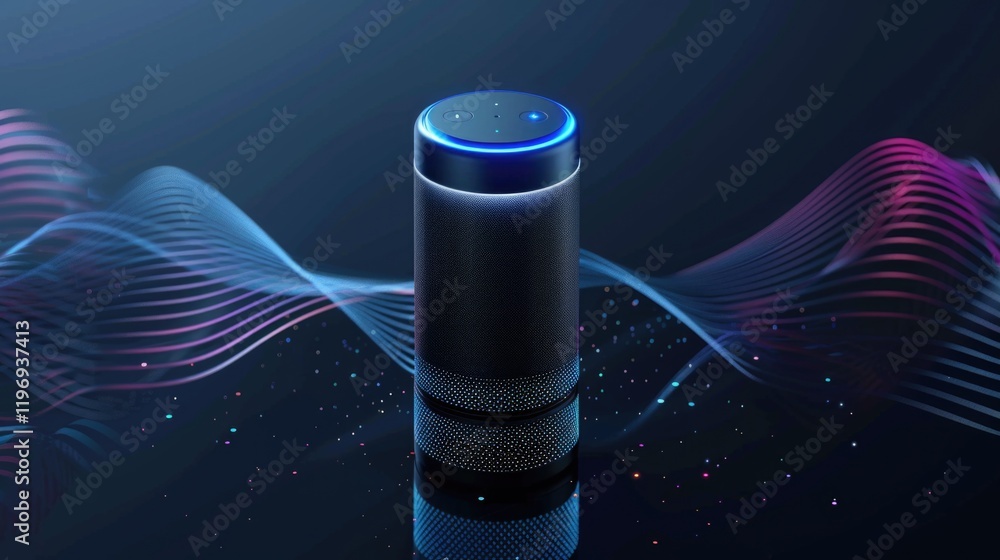 Poster the image shows a smart voice assistant speaker with futuristic design and advanced features.