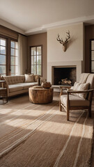 Fototapeta premium Elegant and Relaxing European Living Room with Earth Tone Decor and Majestic Mountain Views Interior Design Inspiration