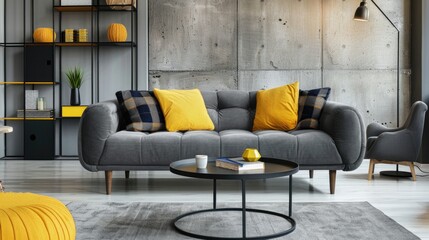 Clean, modern living room with a gray sofa and yellow accents. Comfortable seating area with two pillows.