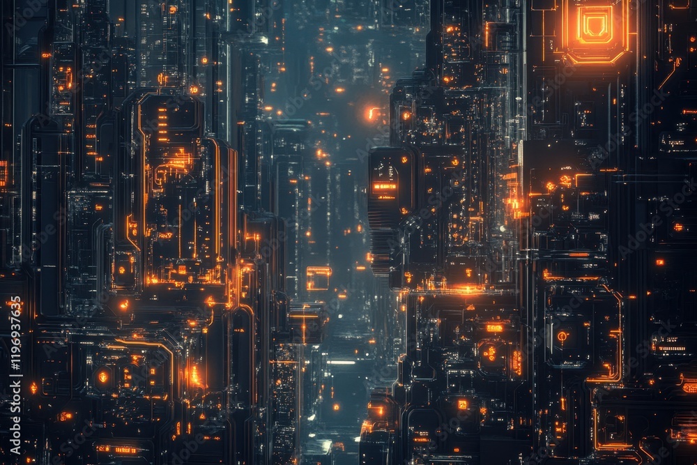 Poster futuristic cityscape with glowing structures illuminated in a dark environment