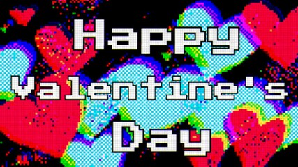 Colorful pixelated Valentine's Day card with vibrant hearts on black background. Perfect for retro themed celebrations, digital greetings, social media sharing. 