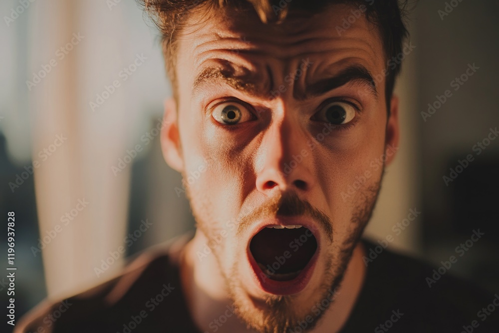 Poster a close-up shot of a man with a surprised expression, ideal for use in situations where you need to 