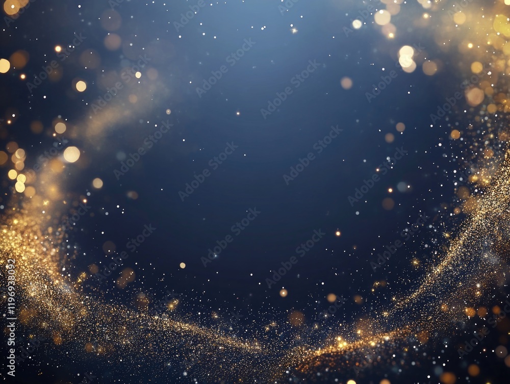 Poster cosmic bokeh effect of golden glitter particles in a dark background, with a hint of magical atmosph