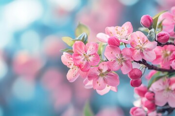 Obraz premium Blossoming pink flowers on a branch against a softly blurred pastel background in springtime. Generative AI
