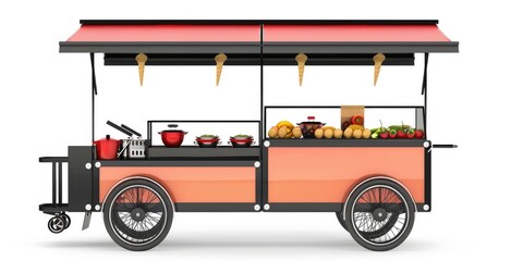 A well-equipped, mobile food cart with a variety of healthy meal options and fresh ingredients. Perfect for street food vending and community engagement.