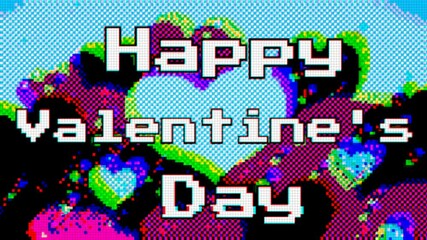 Colorful pixelated Valentine's Day card with vibrant hearts on black background. Perfect for retro themed celebrations, digital greetings, social media sharing. 