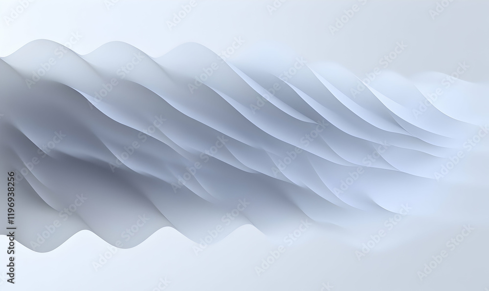 Poster abstract grayscale image featuring flowing, layered, wave-like forms; elegant, smooth, and serene de