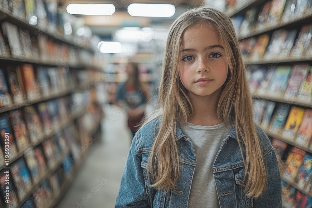 Poster a young girl stands in front of a bookshelf filled with books and possibly looking for a specific ti
