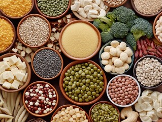 Various types of nutritious seeds and legumes in wooden bowls, representing a diverse selection of health foods.