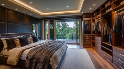 A luxurious master suite with a walk-in closet and balcony. 