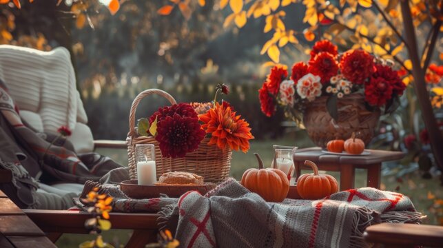 Vibrant autumnal patio setting with pumpkins, flowers, and cozy blankets.