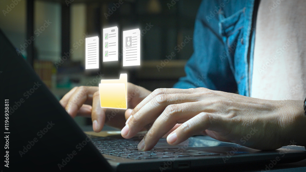 Aufkleber close-up of hands typing on a laptop with holographic digital documents and a folder icon floating a