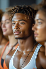 Fototapeta premium An overzealous fitness instructor leads a hilariously intense workout class where everything seems to go comically wrong,