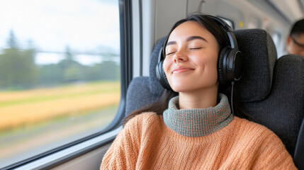 Australian tourist woman enjoy music while traveling by executive class fast train