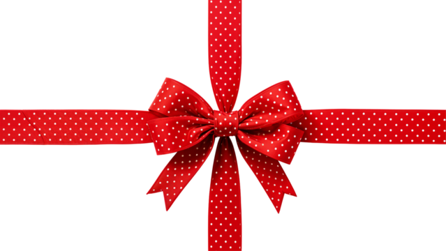Elegant wrapped red ribbon with white polka dots isolated on transparent background. Cut out