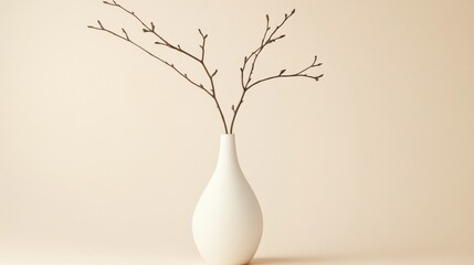 A simple white ceramic vase with a single dried branch against