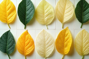 Obraz premium A collection of vibrant leaves on a clean white surface, great for backgrounds and textures