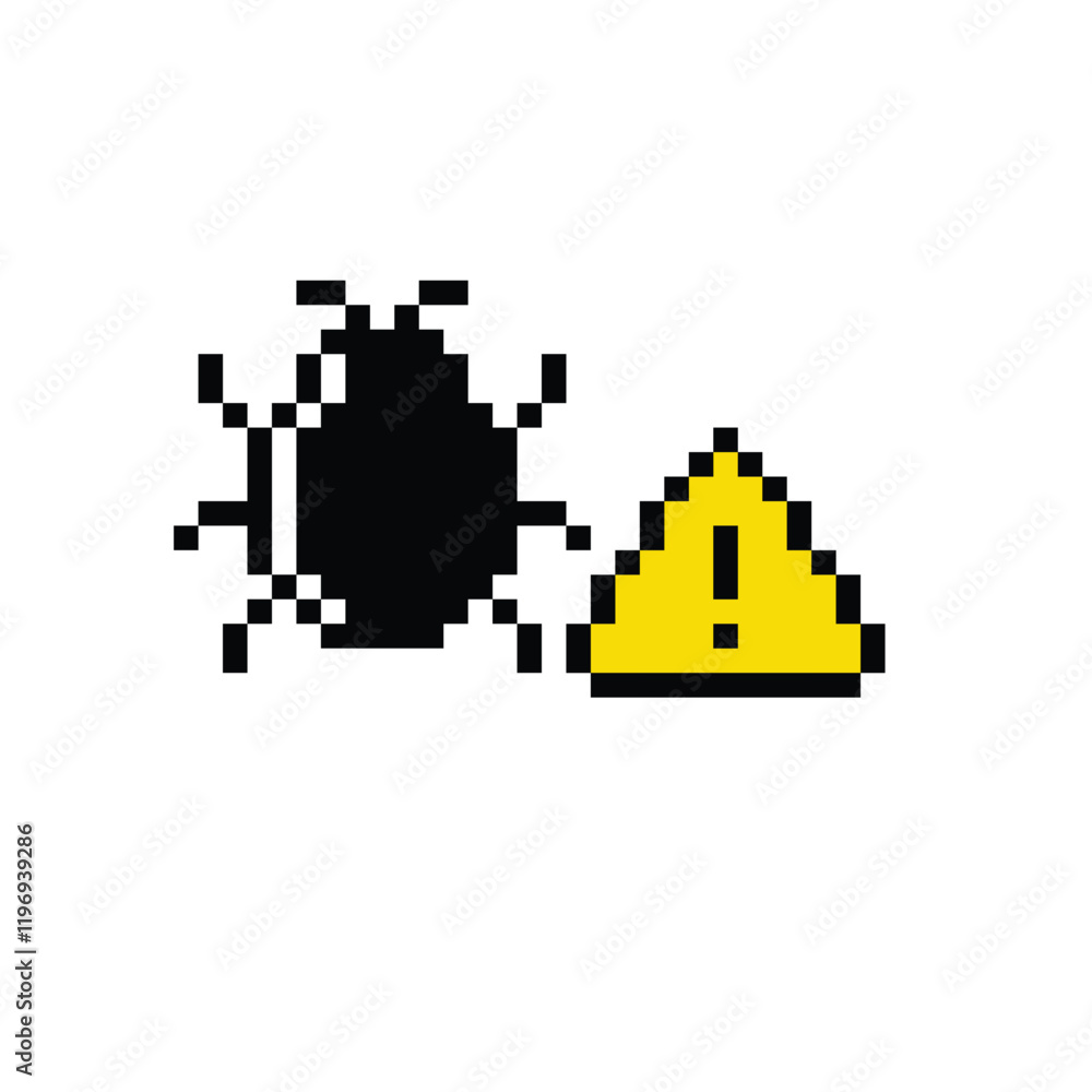 Poster pixel art mobile or computer pc virus vector game 8 bit icon cyber attack sign. protection, malware 