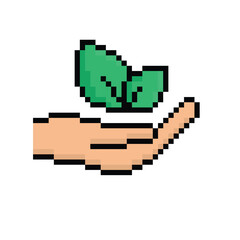 Obraz premium pixel hand holds Leaf sign icon. eco ecology sign art icon vector 8 bit game 