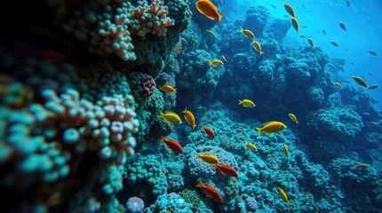 Obraz premium underwater scene, vibrant coral reef teeming with exotic fish, bright saturated colors, energetic movement