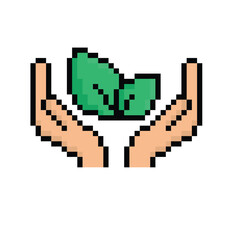 Obraz premium pixel hand holds Leaf sign icon. eco ecology sign art icon vector 8 bit game 
