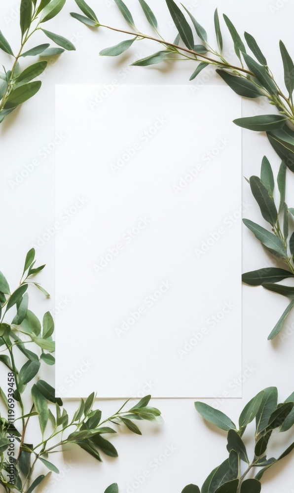 Fototapete Blank canvas surrounded by fresh green leaves providing space for creative text insertion and design ideas in a serene setting. Generative AI