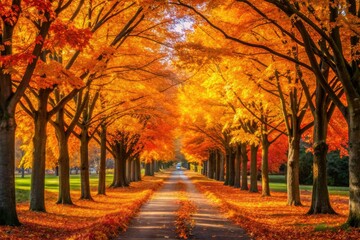 Fototapeta premium Autumn's vibrant orange and yellow foliage blaze along a panoramic pathway.