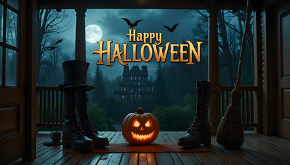 Halloween decorations with a spooky atmosphere featuring pumpkin and spooky house background 
