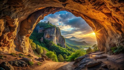 Awe-inspiring panoramic view of a natural rock cave, framed by a majestic arched tunnel entrance.