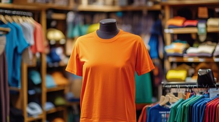 Fototapeta premium Orange T-Shirt on a Mannequin in a Clothing Store
