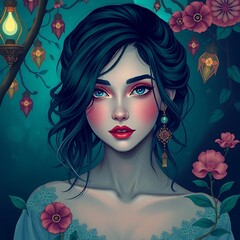 Enchanting woman with blue eyes in a mystical garden.