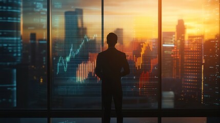 Fototapeta premium Businessman Looking at Cityscape and Financial Charts