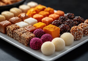 A Colorful Array of Traditional Sweets and Candies Displayed on a White Plate, Showcasing Various Shapes, Textures, and Flavors for Culinary Enthusiasts and Food Photography
