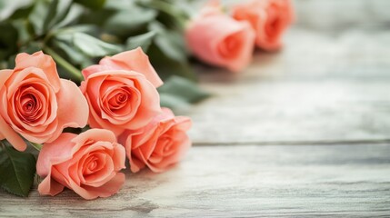 Delicate pink roses arranged on a rustic wooden surface for elegant decor and design inspiration. Generative AI