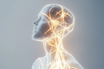 A human figure made of glowing neural networks, visualizing a conceptual representation of the nervous system or artificial intelligence on a light background
