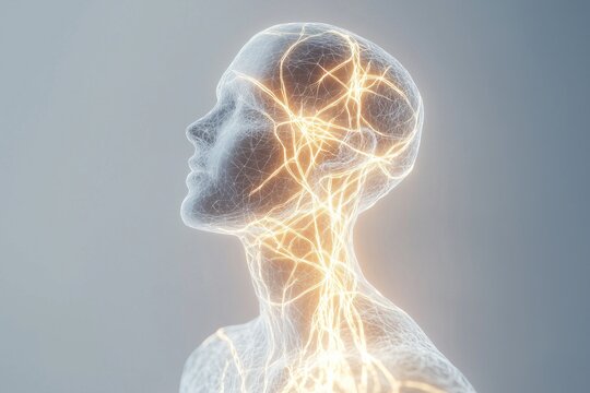 A human figure made of glowing neural networks, visualizing a conceptual representation of the nervous system or artificial intelligence on a light background