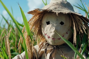 A creepy scare doll sits amidst tall grass, perfect for horror or Halloween-themed scenes