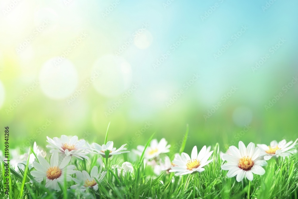 Leinwandbilder bright daisies blooming in a lush green meadow offering empty space for text and design elements. ge