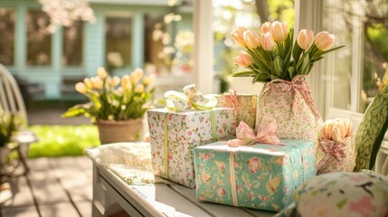 A springtime gift theme with floral wrapping paper,