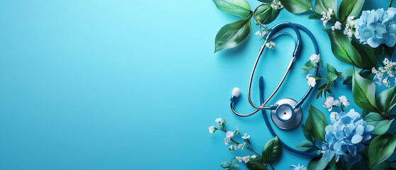 Healthcare Renewal: A stethoscope rests gracefully amidst a vibrant display of spring blooms and lush foliage, symbolizing the rejuvenation and hope associated with healthcare.  