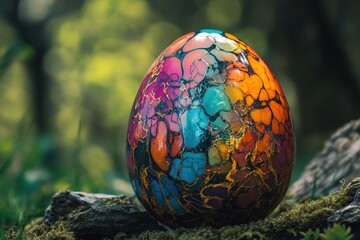 Colorful decorative egg resting on moss in a forest setting during daylight