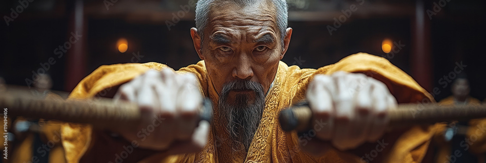 Poster a traditional weapon training class where students learn to handle wooden staffs and swords with gra