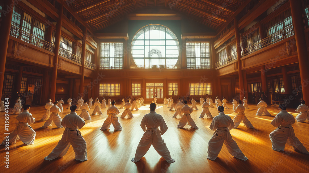 Poster an aerial view of a large training hall filled with practitioners performing a coordinated group kat