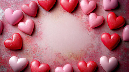 Fototapeta premium Decorative hearts in pink and red surrounding an empty space, soft romantic gradient background.