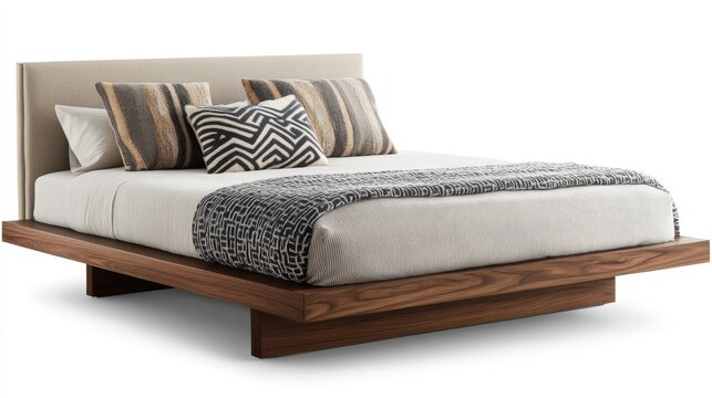 A modern bed with a low-profile design, monochromatic linens, and geometric accent pillows. 
