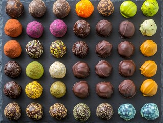 Colorful assorted chocolate truffles arranged neatly on a slate platter