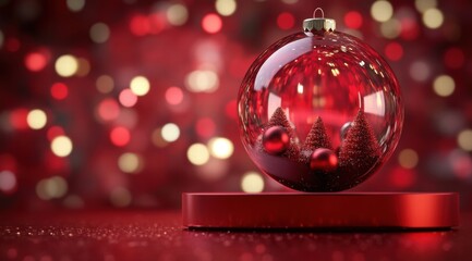 Obraz premium 3D red podium with Christmas decoration inside a ball-shaped frame, minimalistic background 