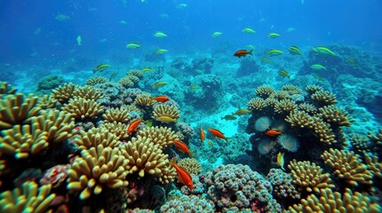 Fototapeta premium underwater scene, vibrant coral reef teeming with exotic fish, bright saturated colors, energetic movement
