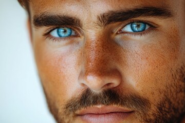 Obraz premium A close-up portrait of a person with striking blue eyes