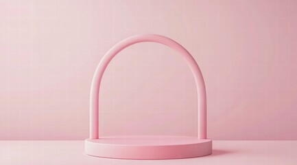 3D render of a simple, minimal pink podium in the shape of an arch on a pastel background